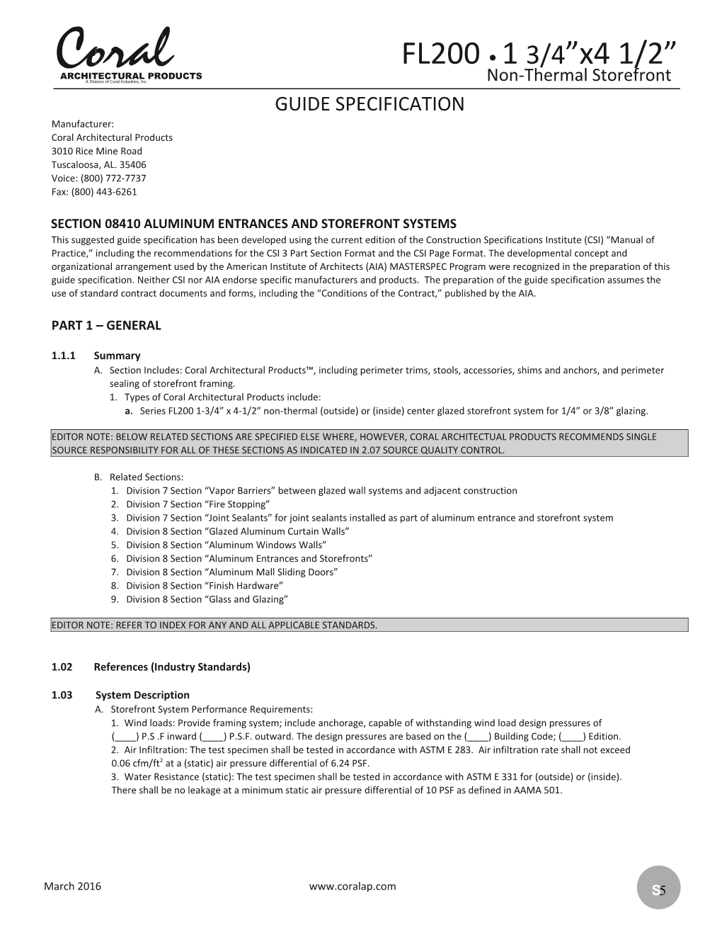 Section 08410 Aluminum Entrances and Storefront Systems