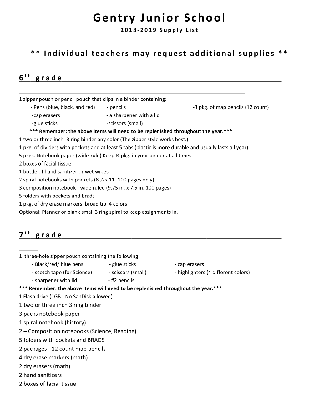 Gentry Junior School 2018-2019 Supply List