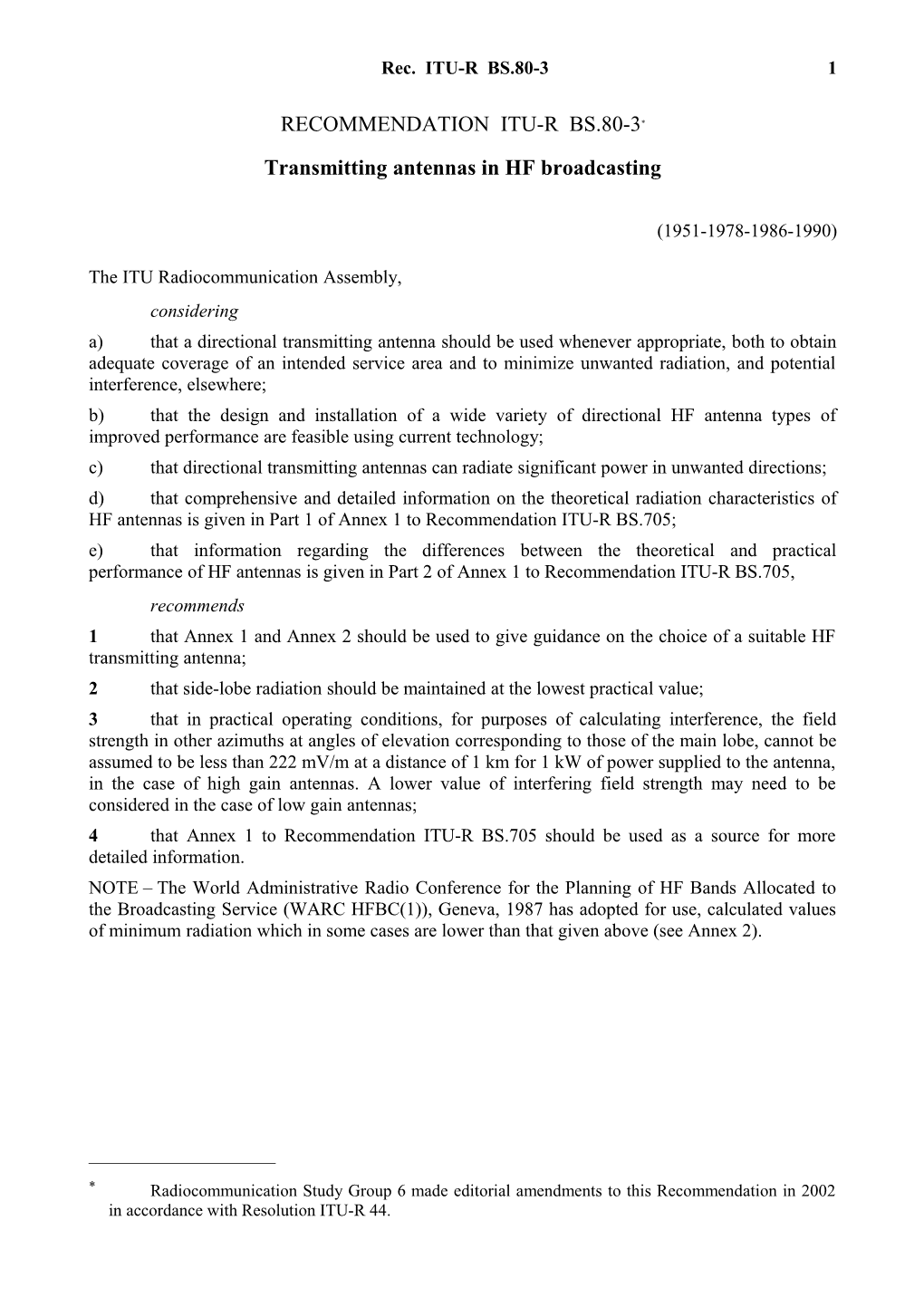 RECOMMENDATION ITU-R BS.80-3 - Transmitting Antennas in HF Broadcasting