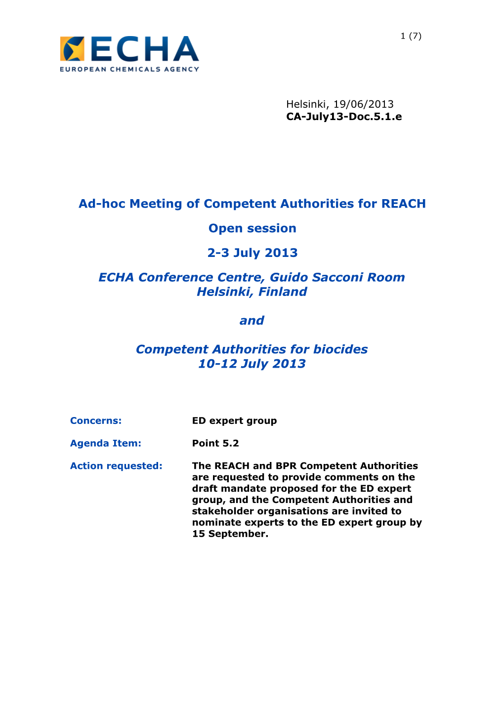 Ad-Hoc Meeting of Competent Authorities for REACH