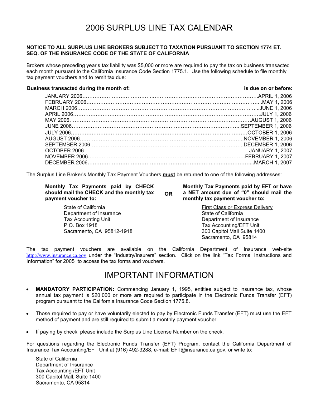 2001 Surplus Line Tax Calendar s1