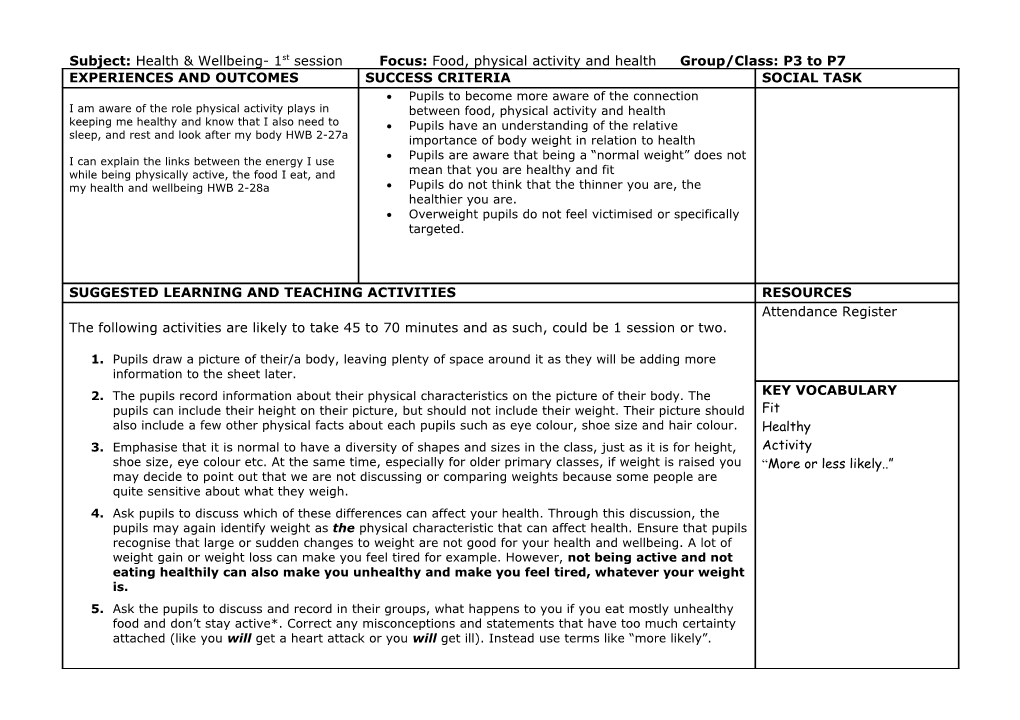 Subject: Health & Wellbeing- 1St Session Focus: Food, Physical Activity and Health Group/Class