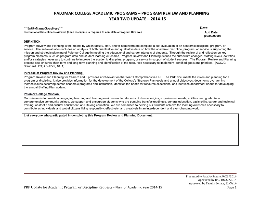 Palomar College Academic Programs Program Review and Planning Year Two Update 2014-15