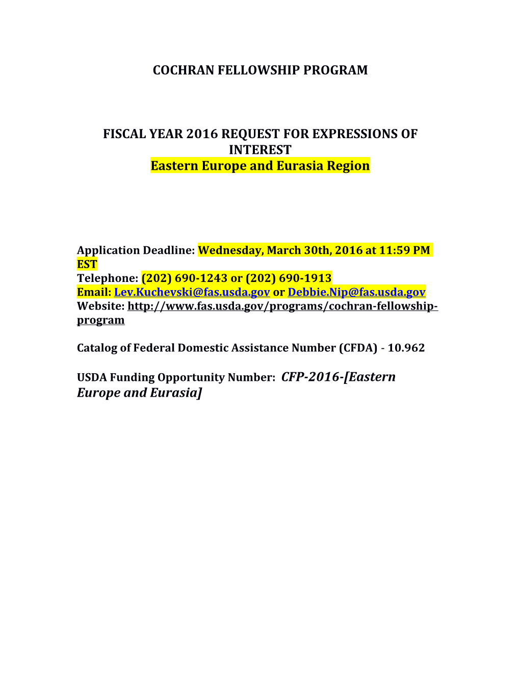 Fiscal Year 2016 Request for Expressions of Interest