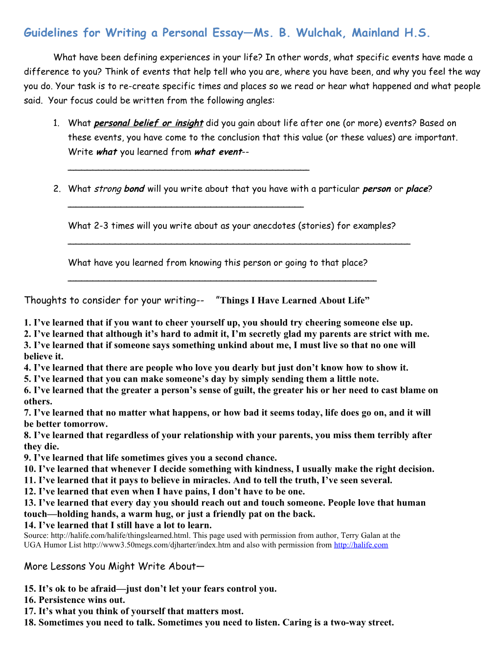 Guidelines for Writing a Personal Essay Ms. B. Wulchak, Mainland H.S