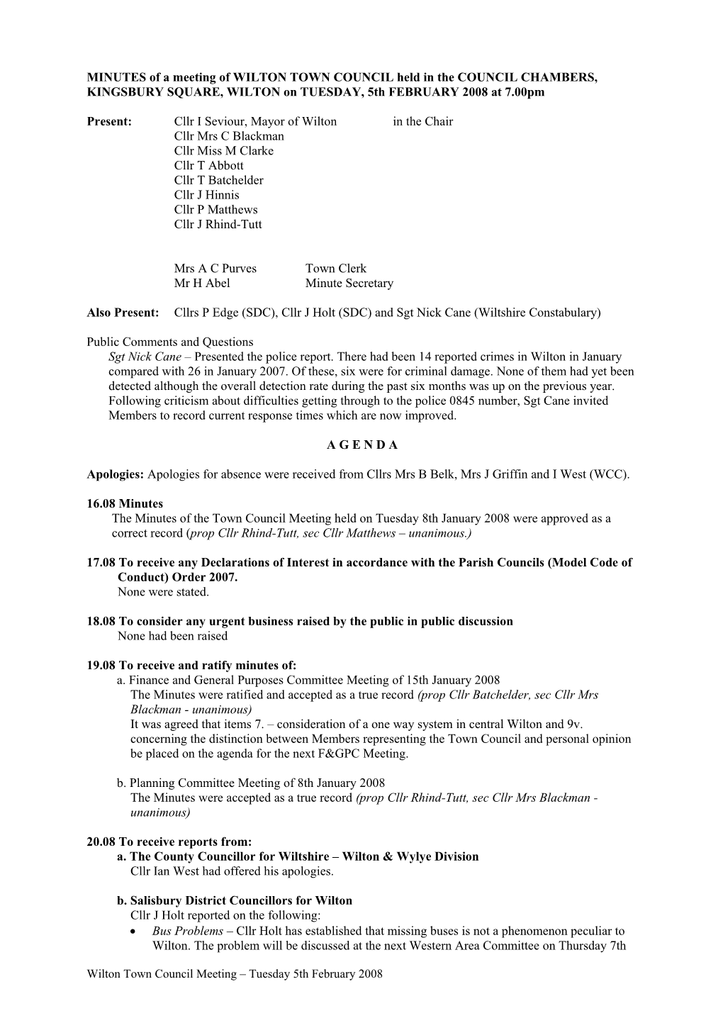 MINUTES of a Meeting of WILTON TOWN COUNCIL Held in the COUNCIL CHAMBERS, KINGSBURY SQUARE s4