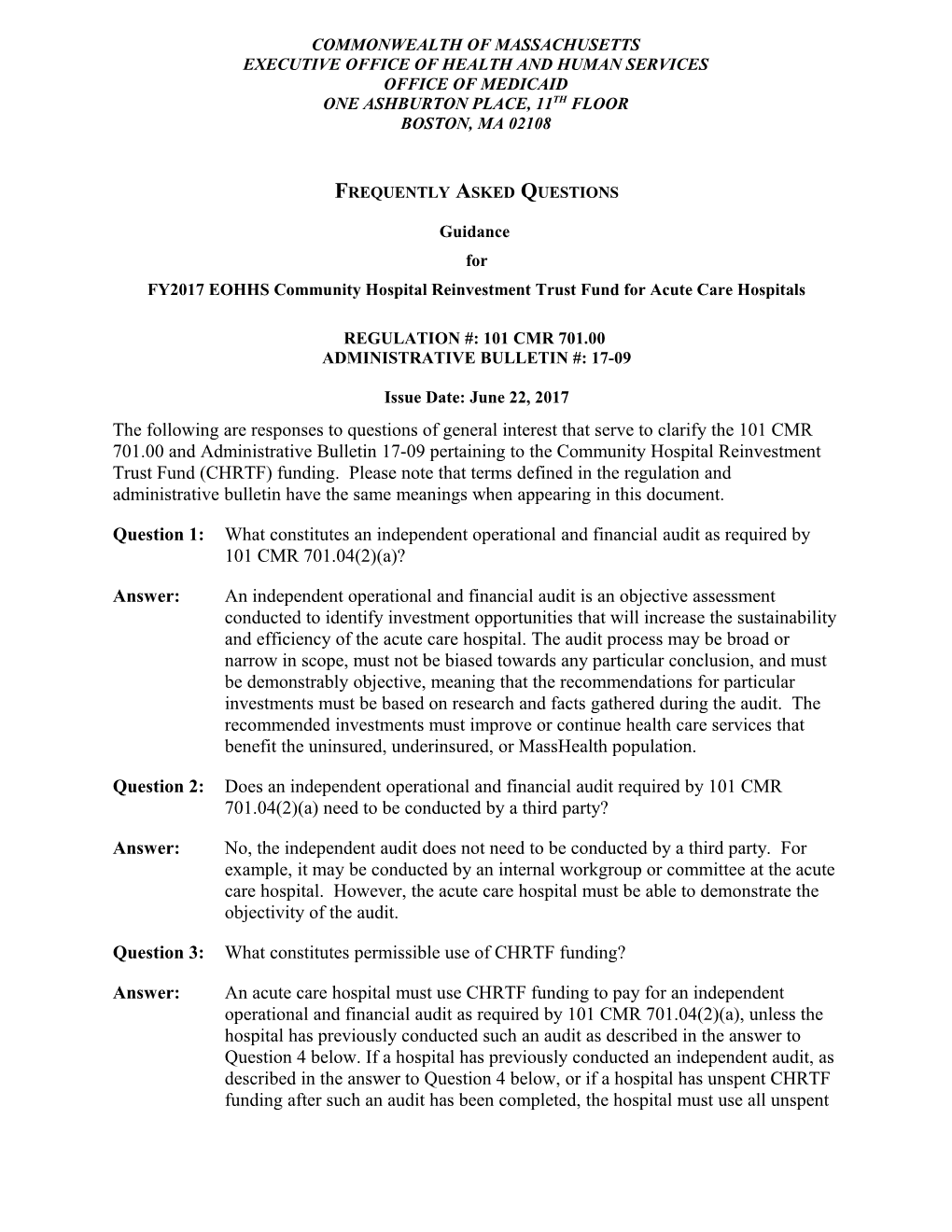 FY2017 EOHHS Community Hospital Reinvestment Trust Fund for Acute Care Hospitals