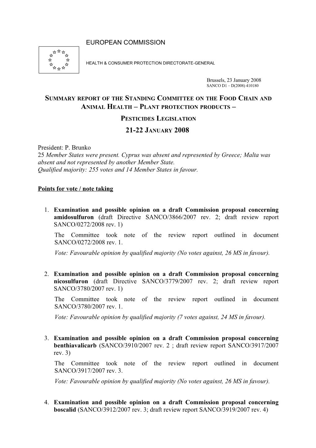 Summary Report of the Standing Committee on the Food Chain and Animal Health Plant Protection