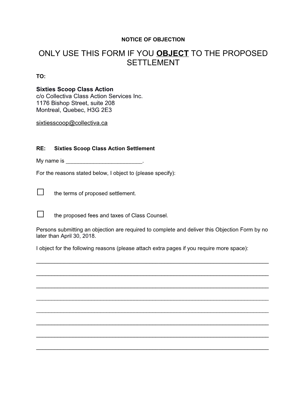 Only Use This Form If You Objectto the Proposed Settlement