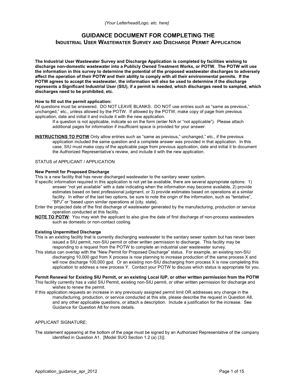 Instructions to Fill out Wastewater Discharge Permit Application