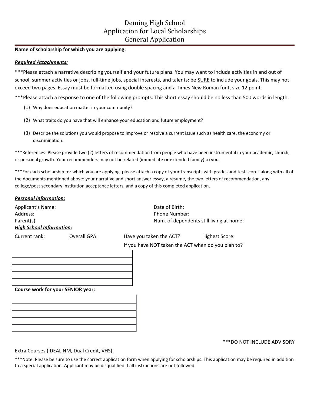Deming High School Application for Local Scholarships General Application