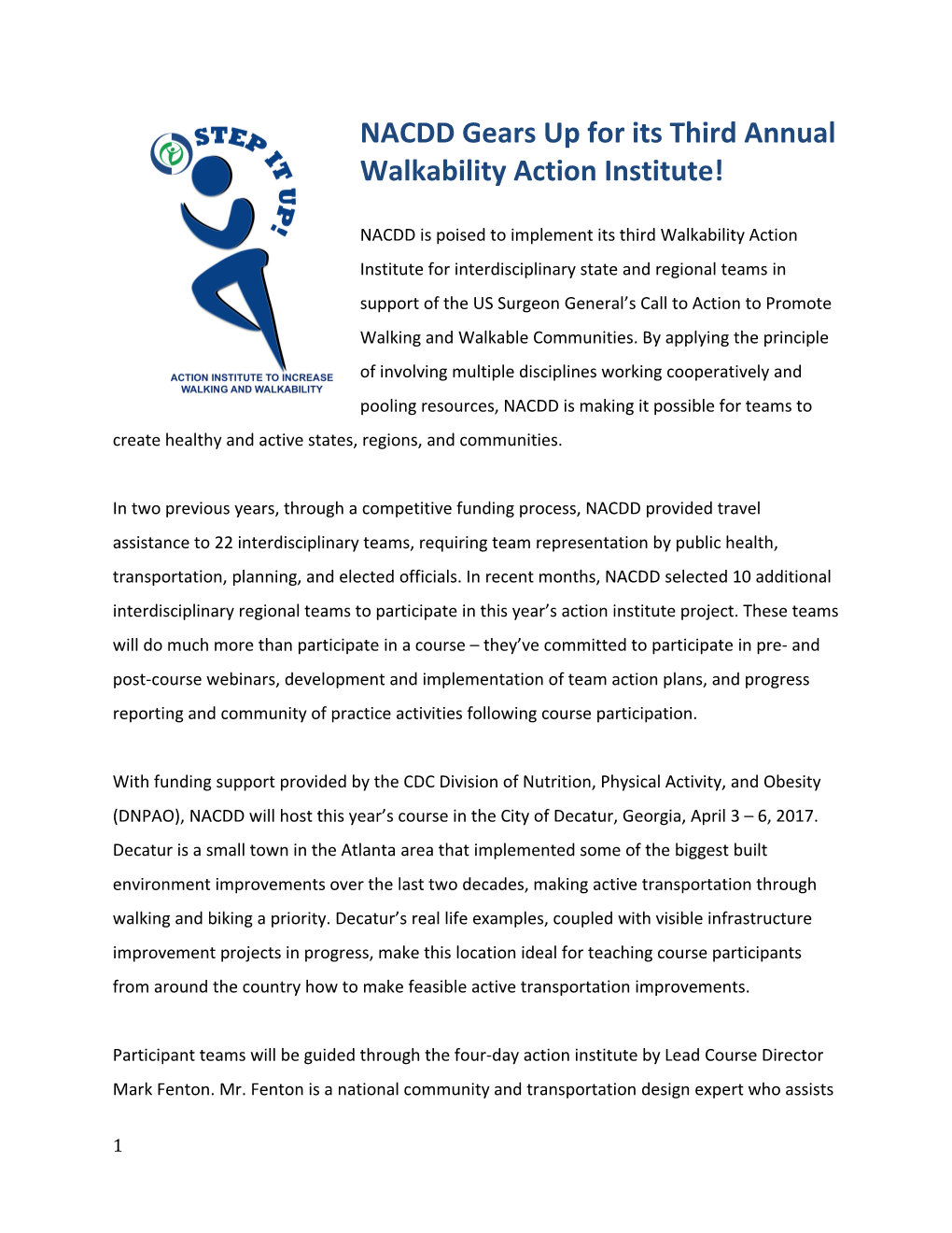 NACD D Gears up for Its Third Annual Walkability Action Institute!