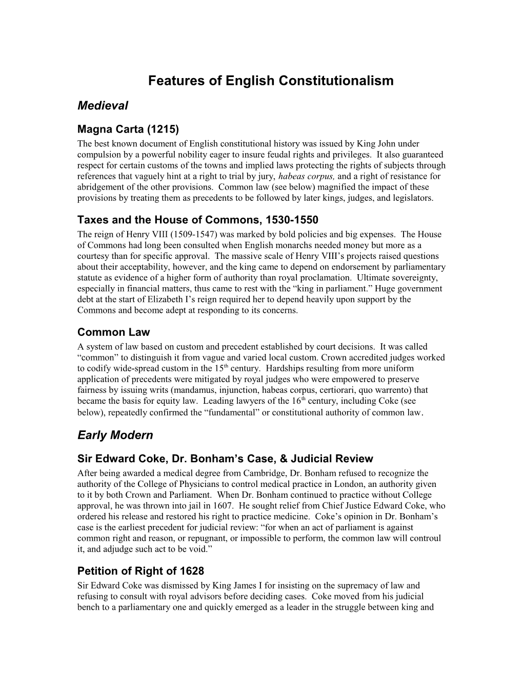 Features of English Constitutionalism