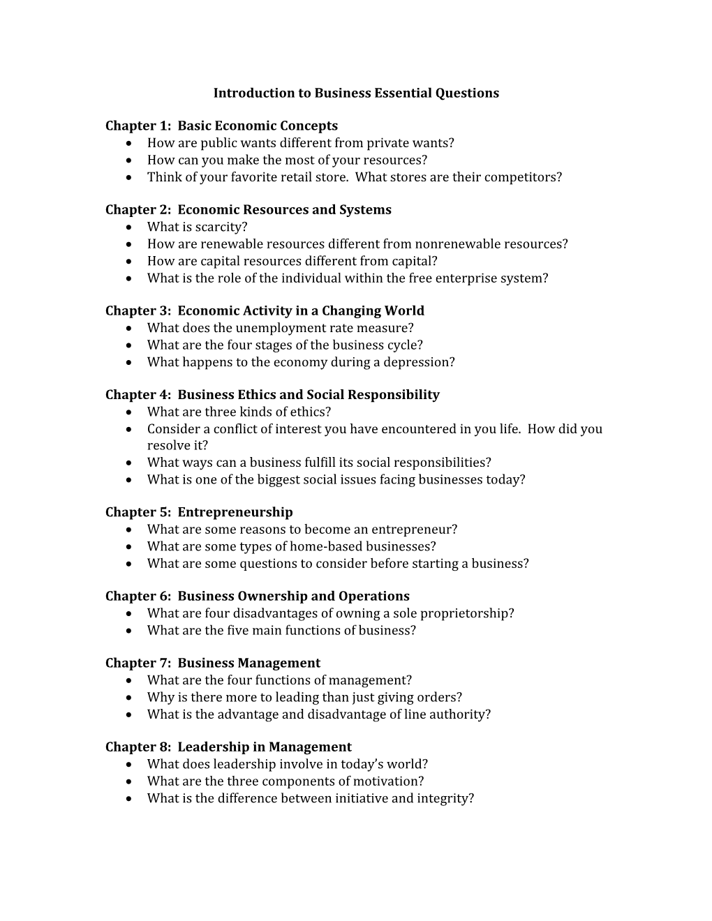 Introduction to Business Essential Questions