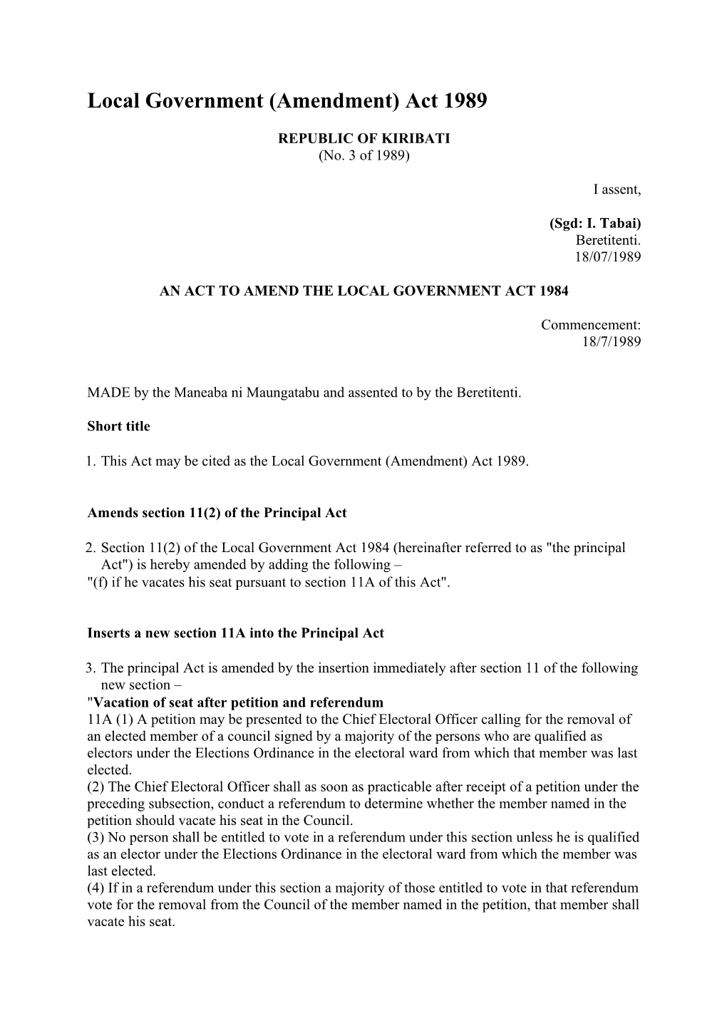 Local Government (Amendment) Act 1989