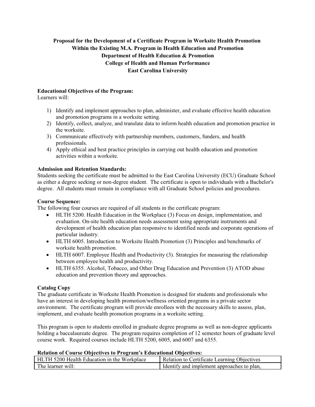 Proposal for the Development of a Certificate Program in Worksite Health Promotion