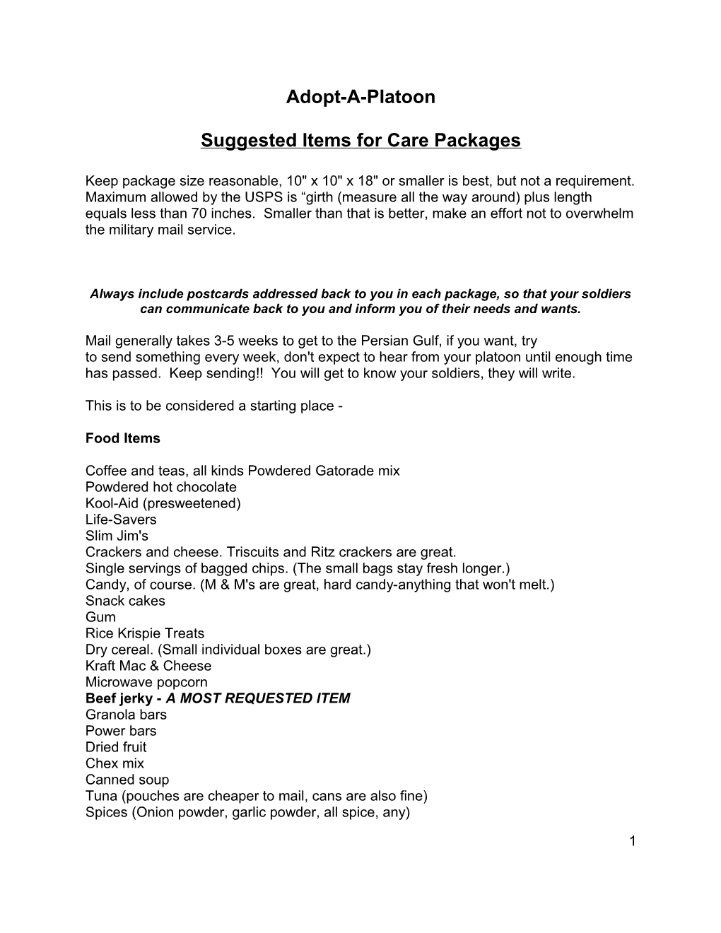 Suggested Items for Care Packages