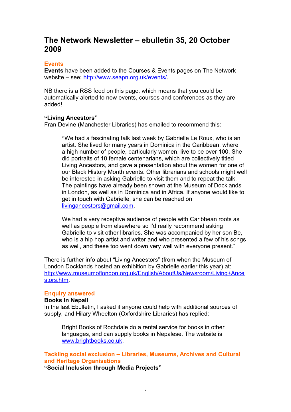 The Network Newsletter Ebulletin 1, 14 April 2008
