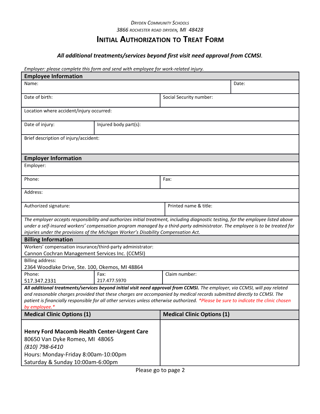 Initial Authorization to Treat Form