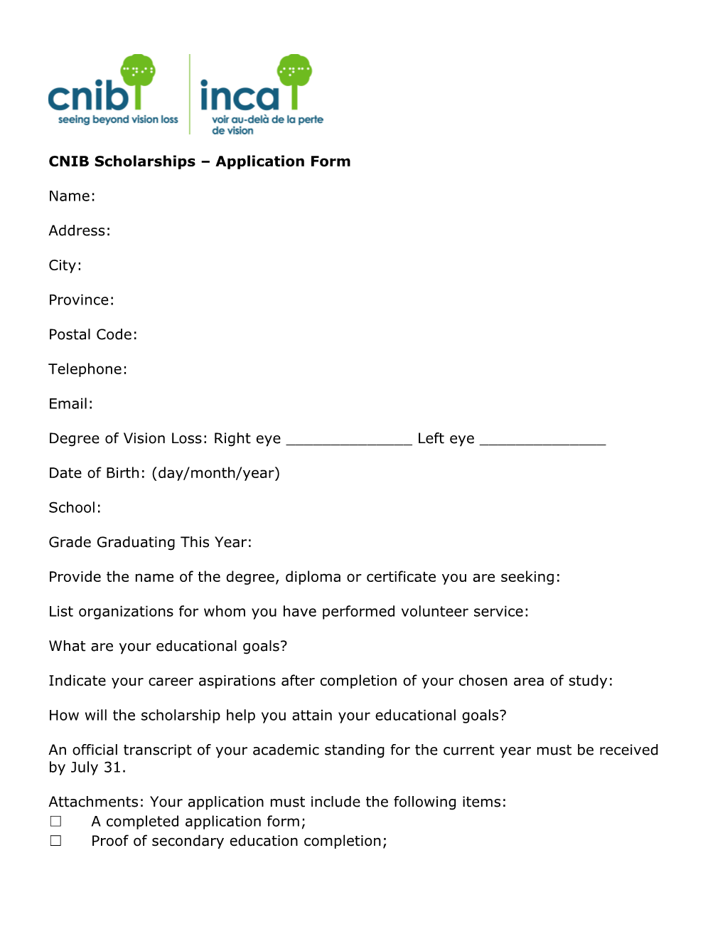 CNIB Scholarships Application Form