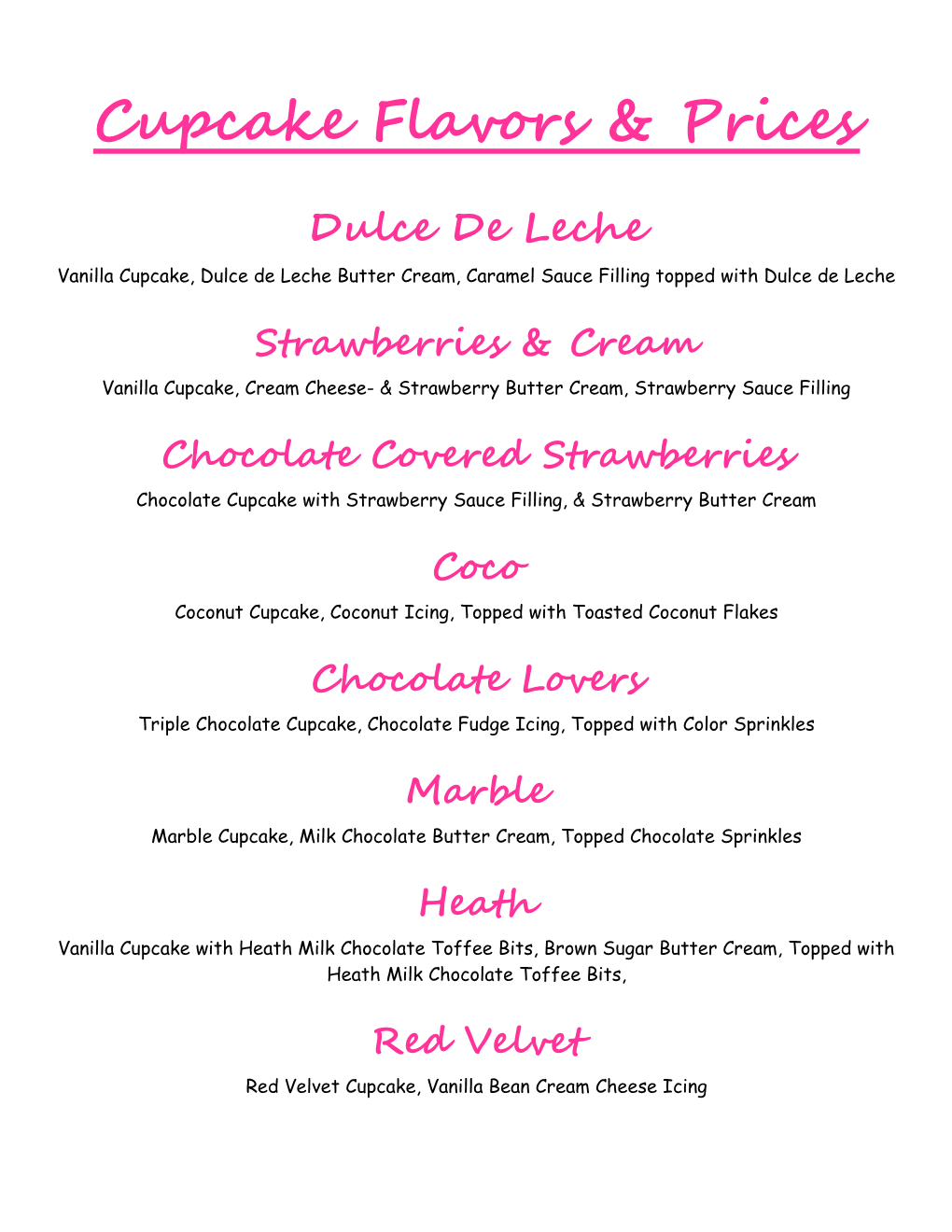 Cupcake Flavors & Prices