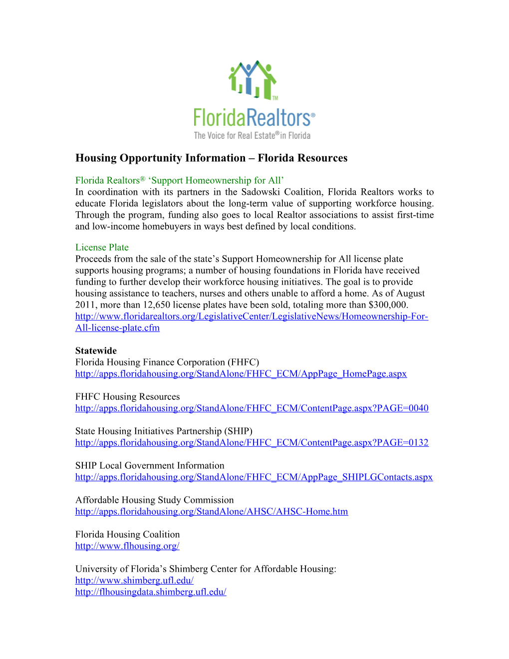 Housing Opportunity Information Florida Resources