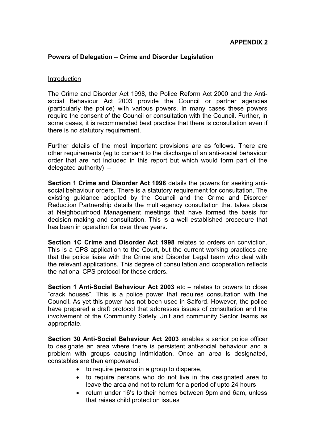 Salford Crime and Disorder Reduction Partnership: Anti-Social Behaviour Act 2003- Dispersal