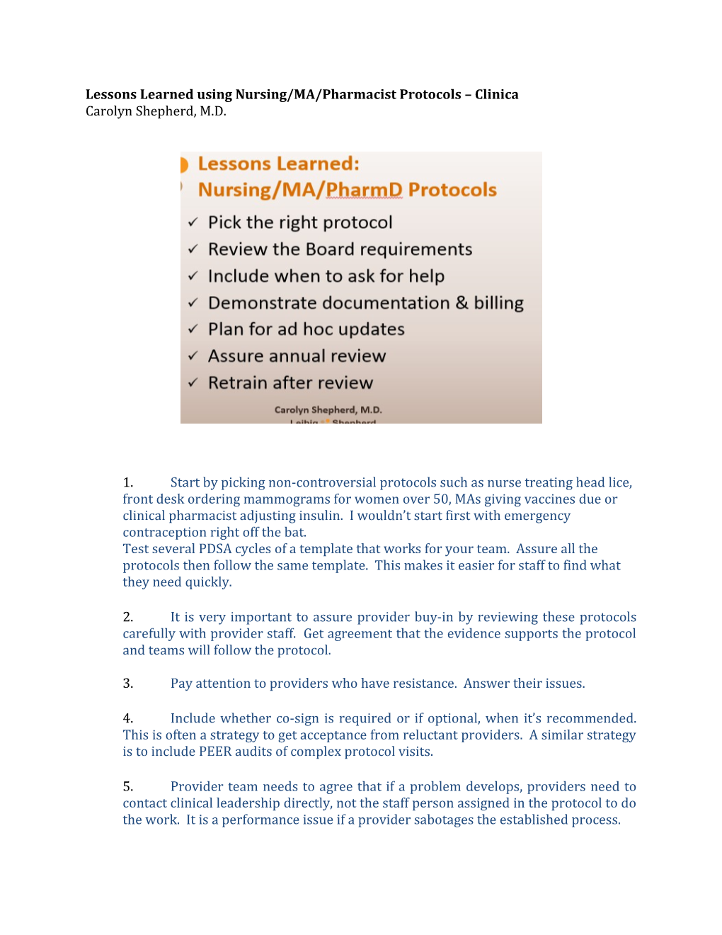 Lessons Learned Using Nursing/MA/Pharmacist Protocols Clinica