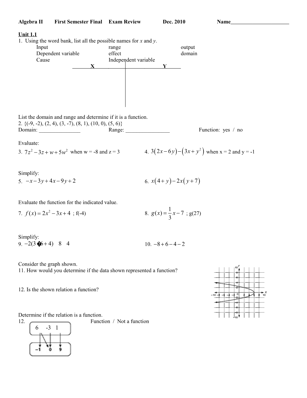 Algebra Iifirst Semester Finalexam Reviewdec. 2010Name