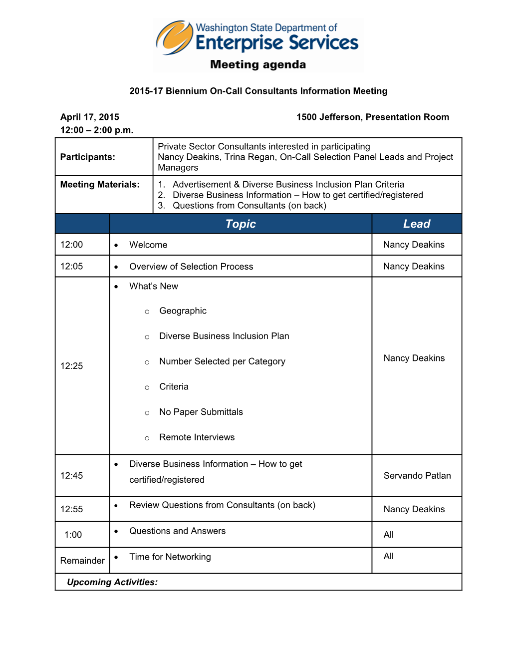 RFQ2015-17 Oncall Consultants Meeting Agenda