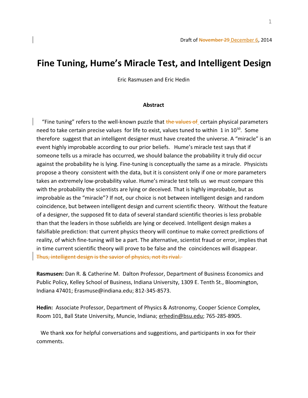 Fine Tuning, Hume S Miracle Test, and Intelligent Design