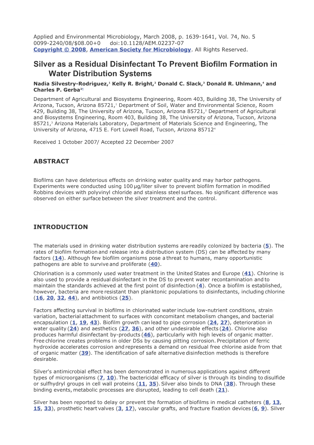 Silver As a Residual Disinfectant to Prevent Biofilm Formation in Water Distribution Systems