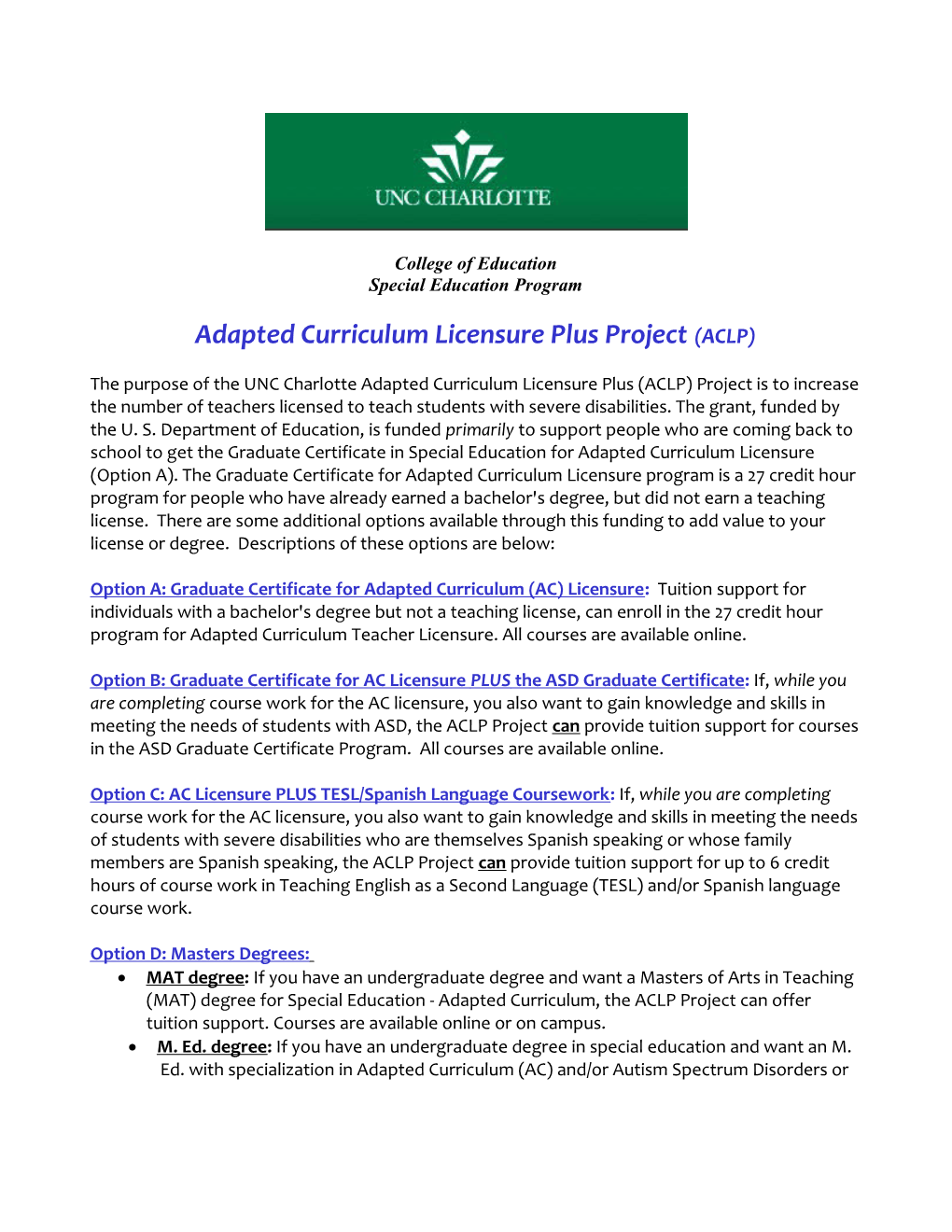 Adapted Curriculum Licensure Plus Project (ACLP)