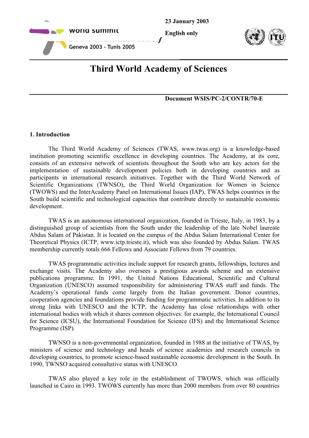 Draft Twas Document for the Second Prepcom of the World Summit Oin the Information Society
