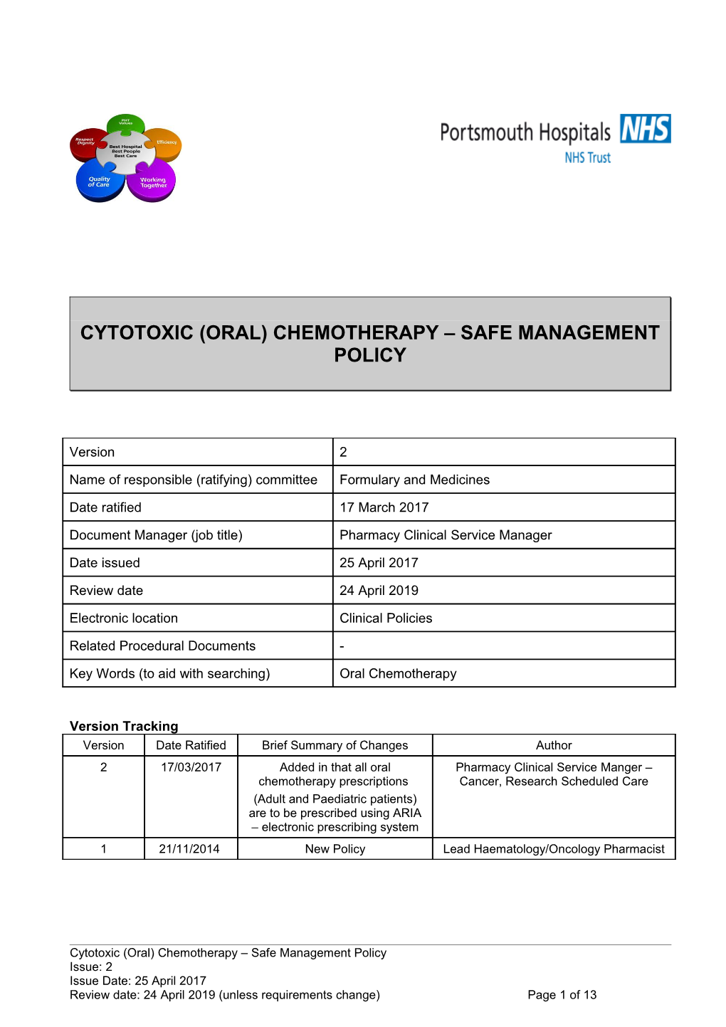 Cytotoxic (Oral) Chemotherapy Safe Management Policy