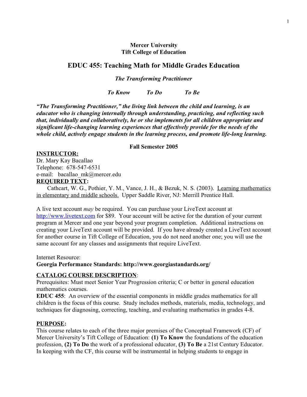 EDUC 455: Teaching Math for Middle Grades Education