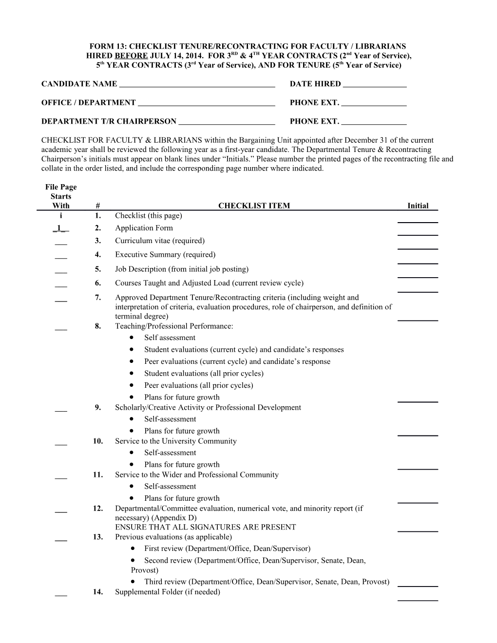 Form 13 : Checklist Tenure/Recontracting for Faculty / Librarians