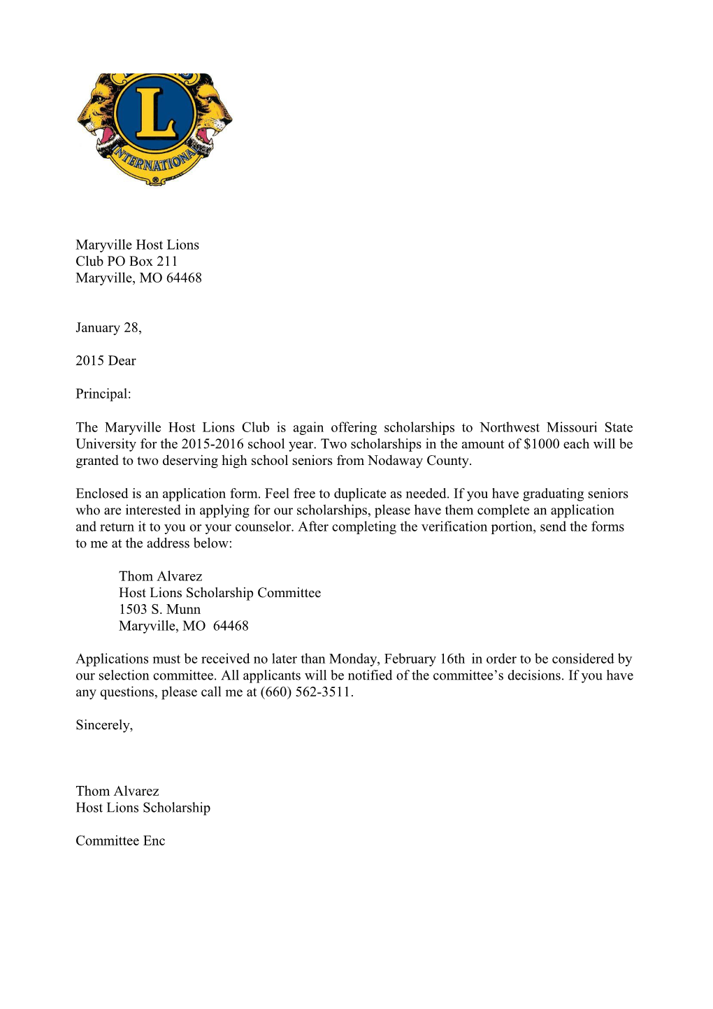 Application for Maryville Host Lions Club Scholarship