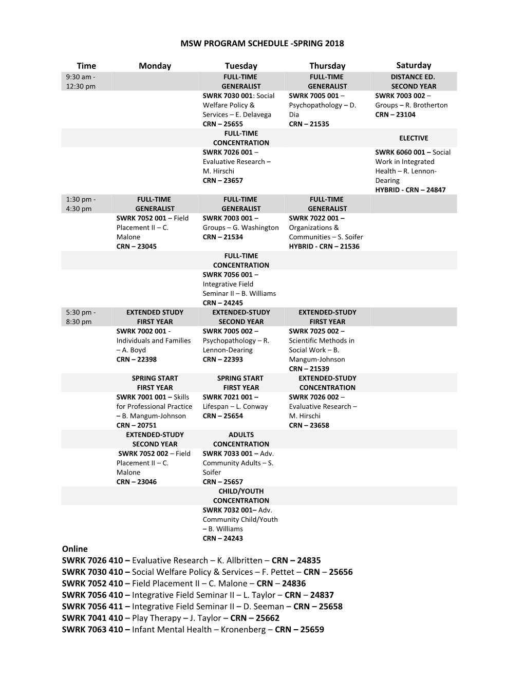 Msw Program Schedule -Spring 2018