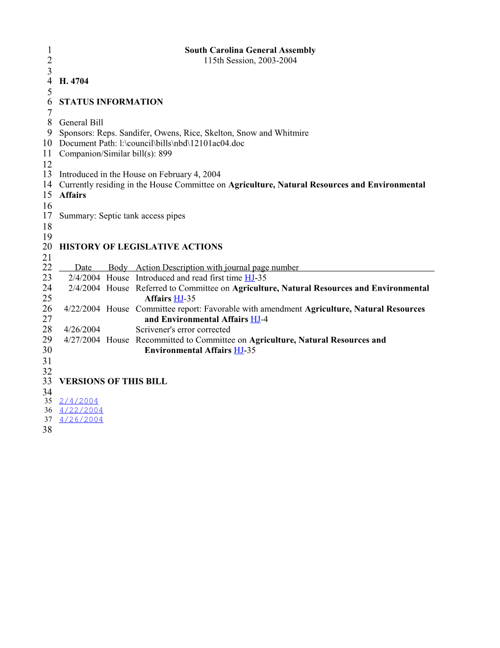 2003-2004 Bill 4704: Septic Tank Access Pipes - South Carolina Legislature Online