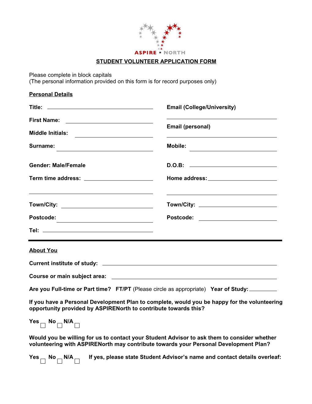 Student Volunteer Application Form