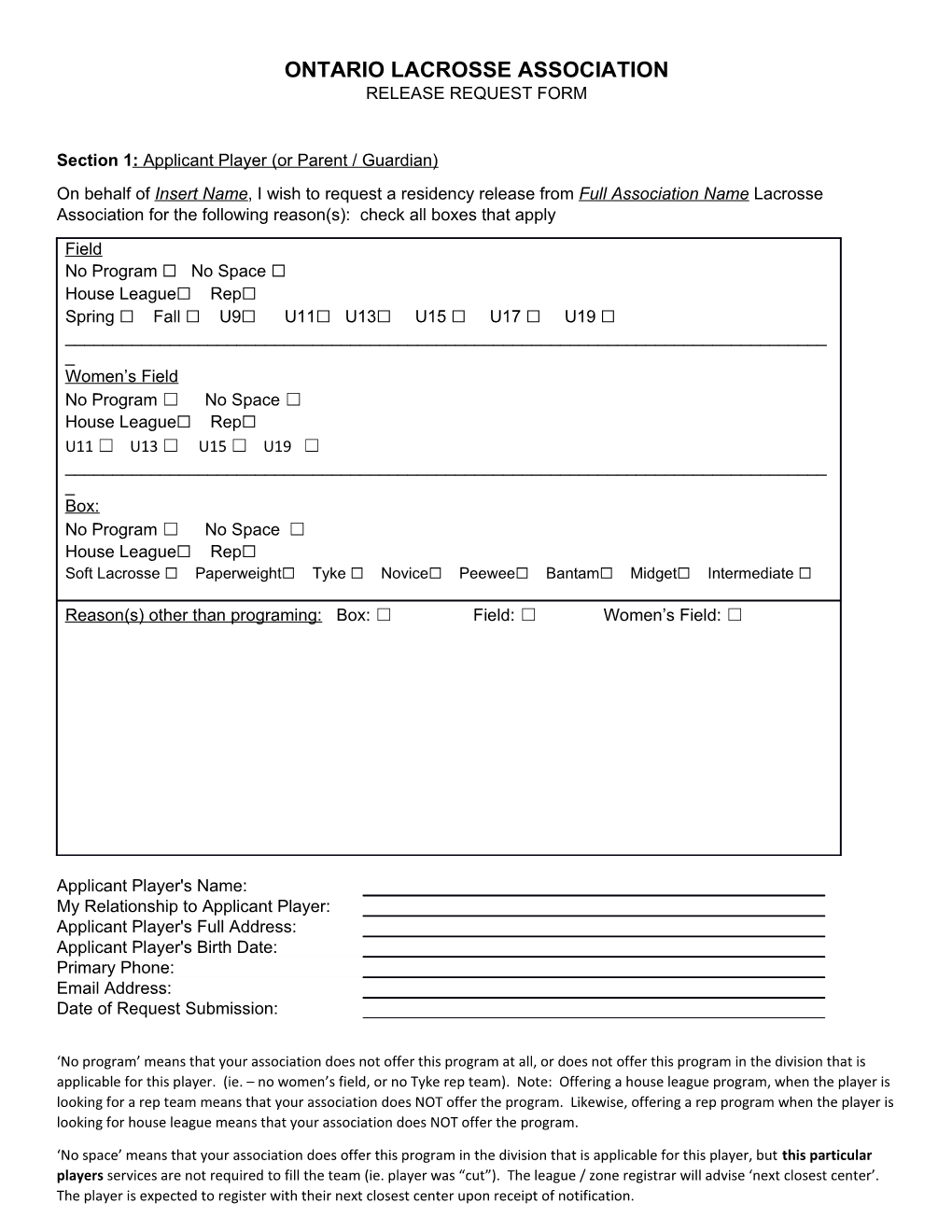 Section 1: Applicant Player (Or Parent / Guardian)