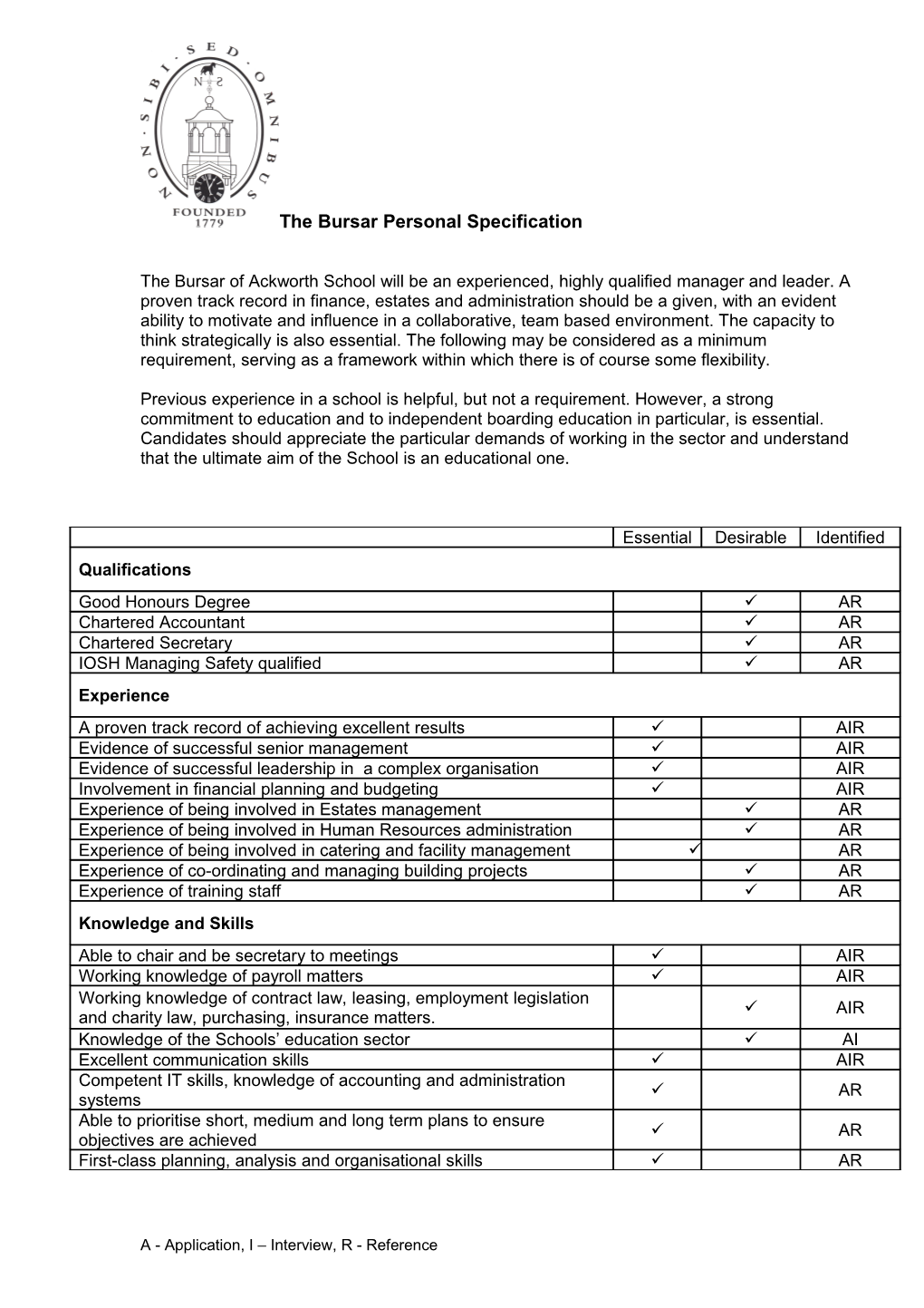 The Bursar Personal Specification