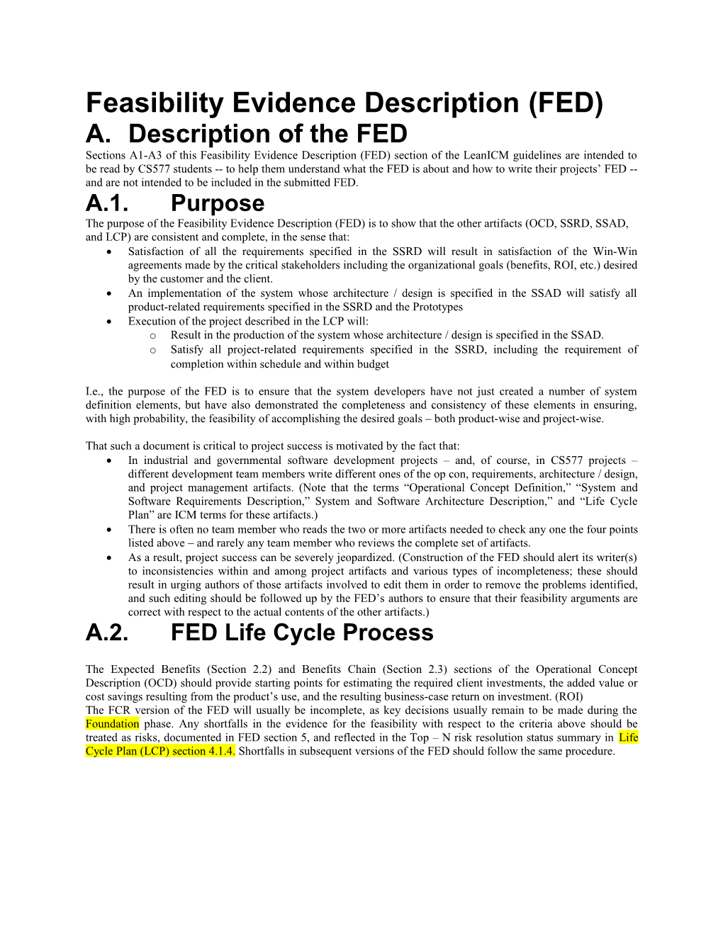 FED (Feasibility Evidence Description)