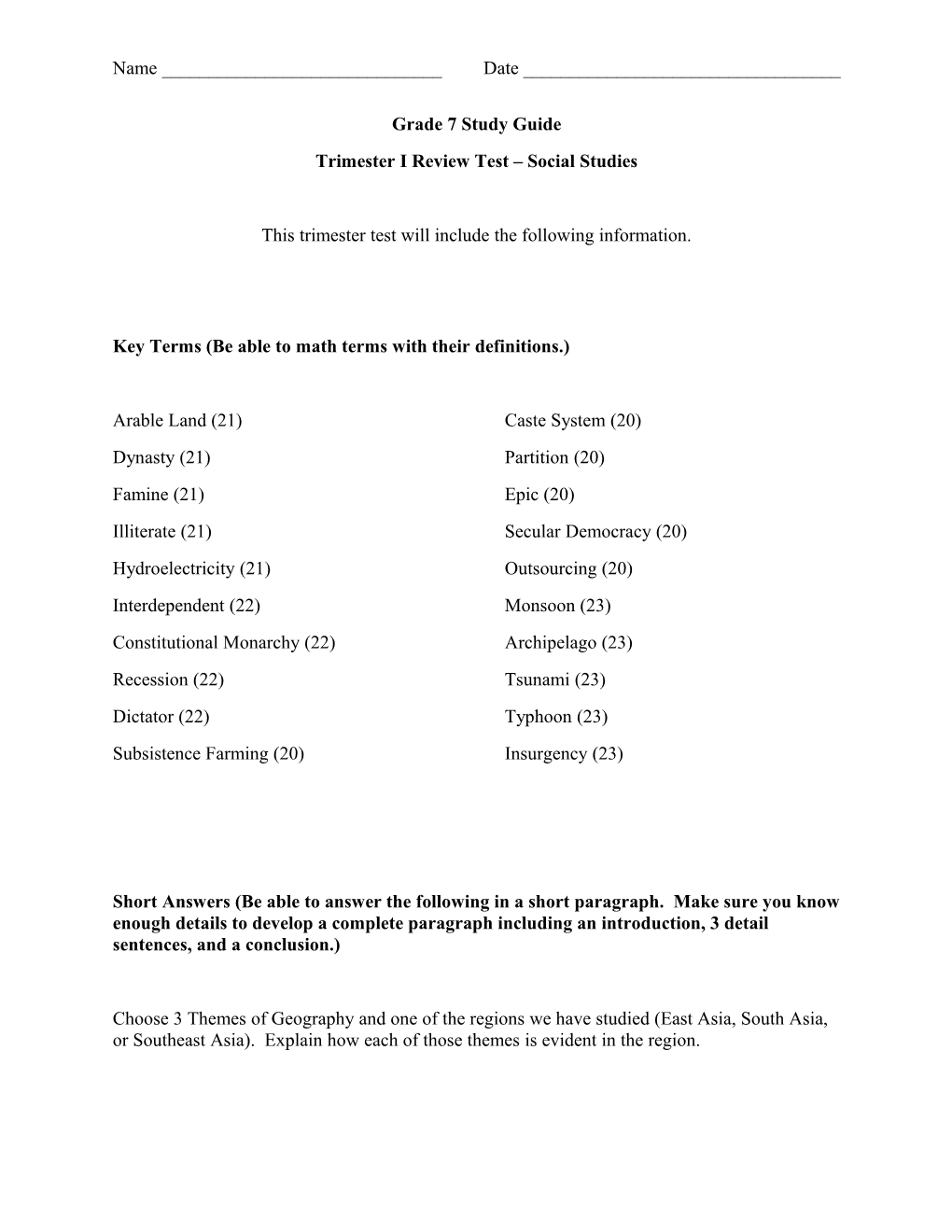 Trimester I Review Test Social Studies