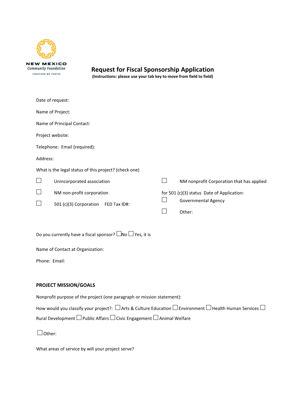 Request for Fiscal Sponsorship Application