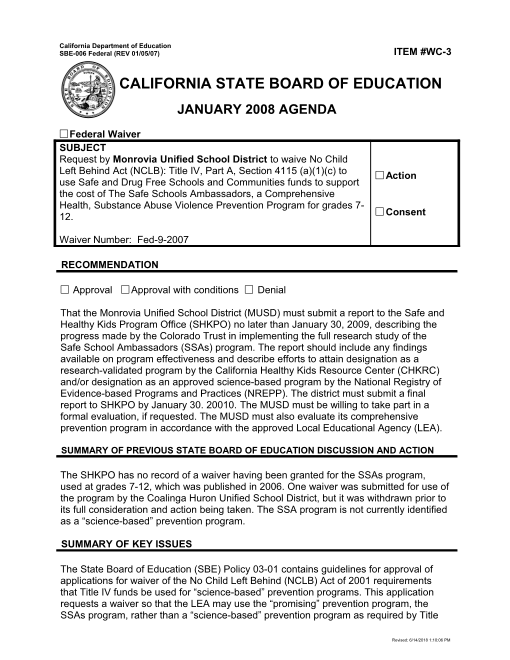 January 2008 Waiver Item WC3 - Meeting Agendas (CA State Board of Education)