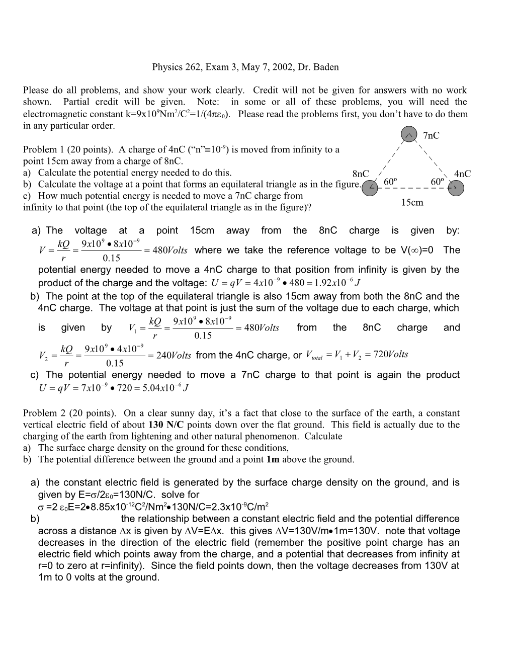Physics 262, Exam 1, March 1, 2001, Dr
