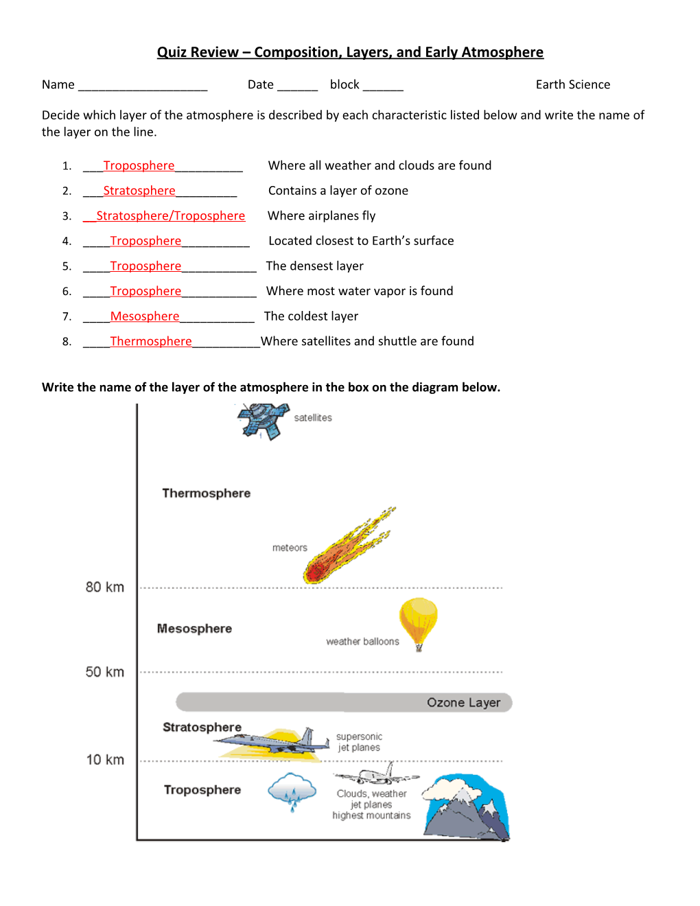 Quiz Review Composition, Layers, and Early Atmosphere