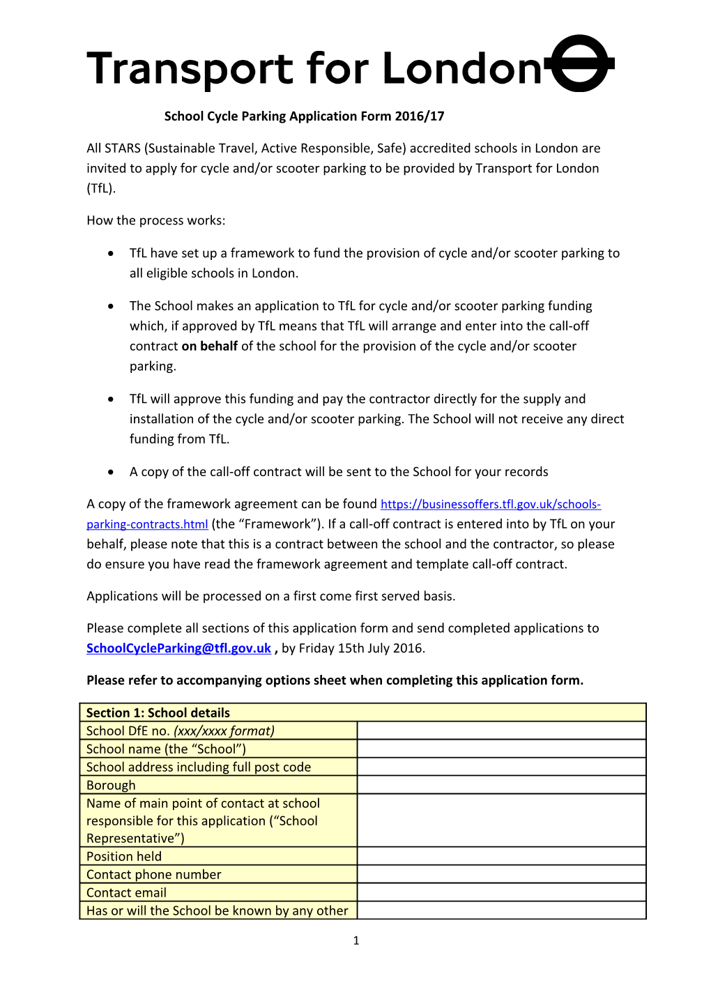 School Cycle Parking Application Form 2016/17